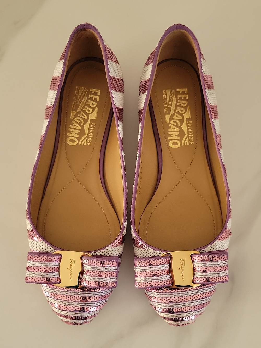 Salvatore Ferragamo Pink & White Sequined Bow Ballet Flats